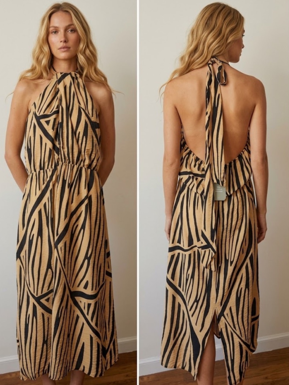 H&M Halter Zebra-Print Midi Dress in Tan and Black